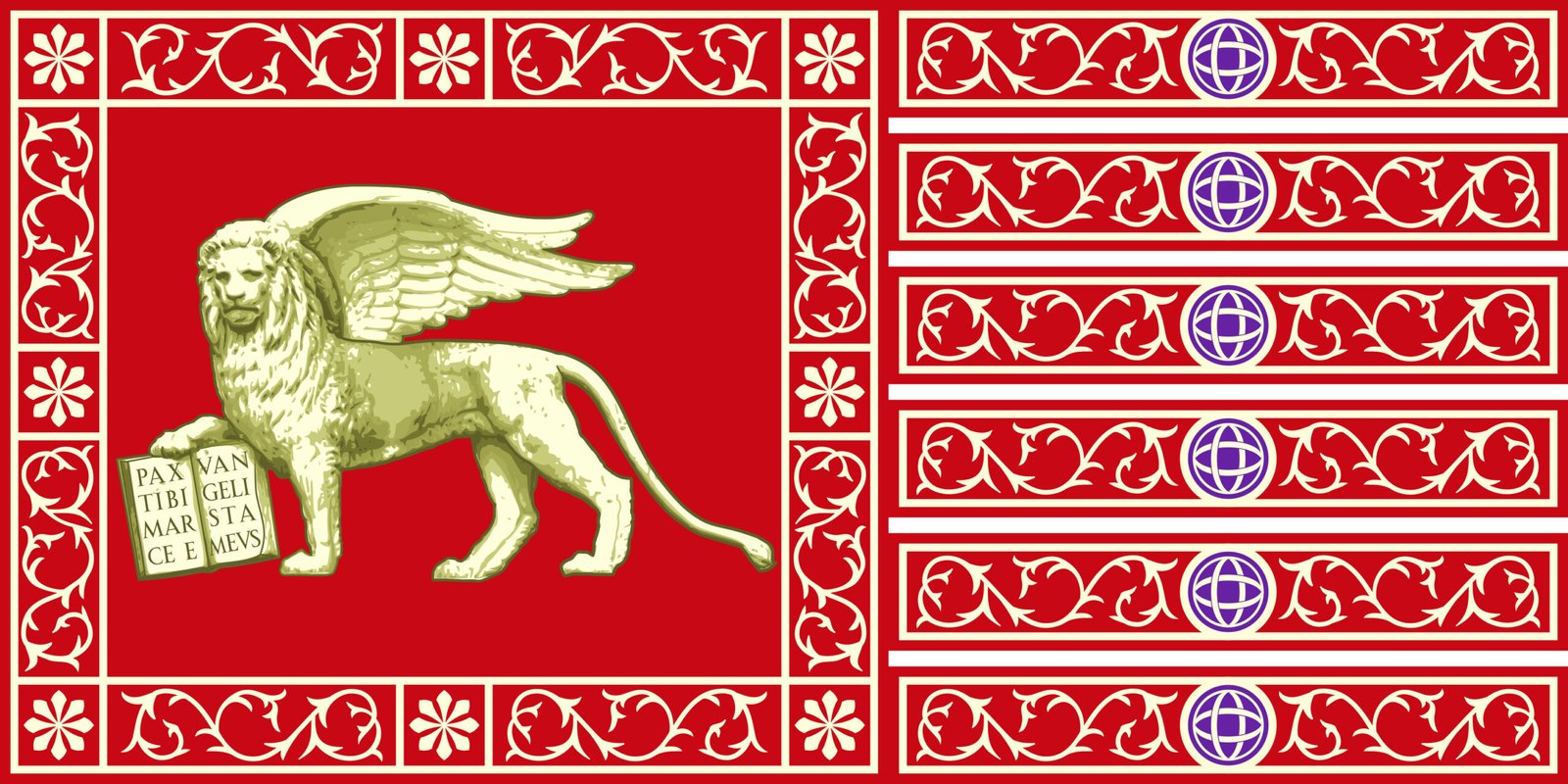 Historic red and white flag featuring a winged lion emblem