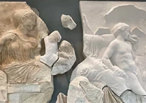 Ancient marble sculptures and archaeological fragments displayed in a museum