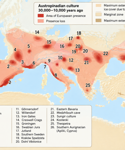Map showing the geographical extent of Austropinadian culture in Europe and surrounding regions from 30,000–10,000 years ago, with archaeological sites, ice-covered areas, and principal site locations.
