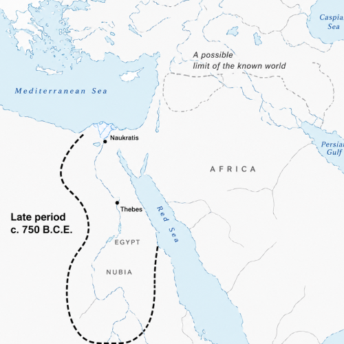Historical map of Egypt, Nubia, and surrounding regions showing the Late Period around 750 BCE, including the Nile, Red Sea, Mediterranean Sea, Naukratis, and Thebes.