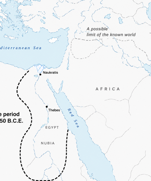 Historical map of Egypt, Nubia, and surrounding regions showing the Late Period around 750 BCE, including the Nile, Red Sea, Mediterranean Sea, Naukratis, and Thebes.