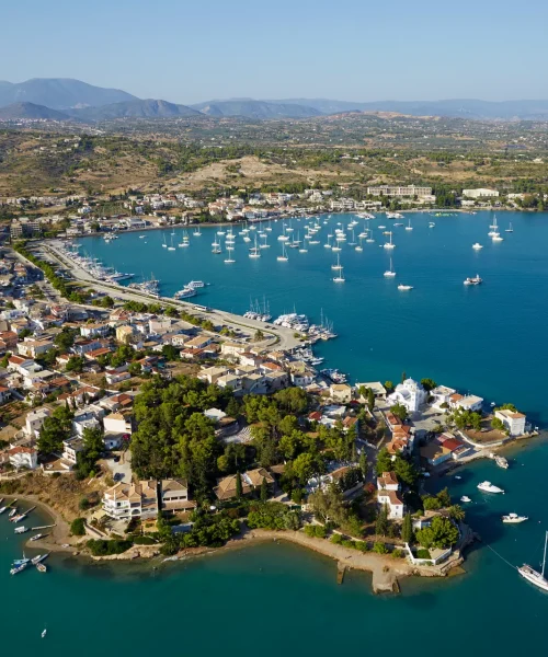 Aerial view of a coastal town and marina in the Peloponnese