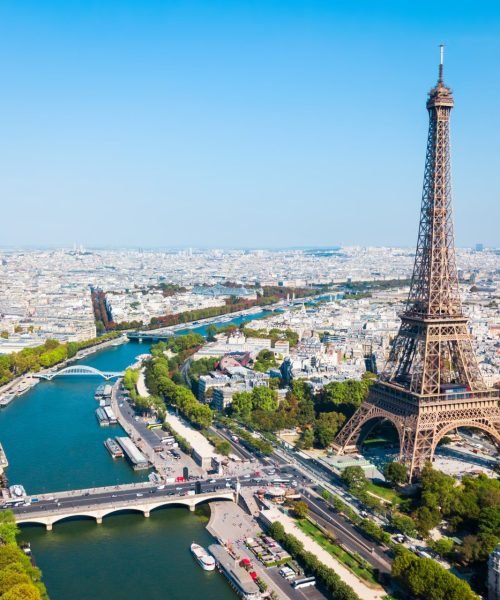 Eiffel Tower overlooking the Seine River and Paris cityscape
